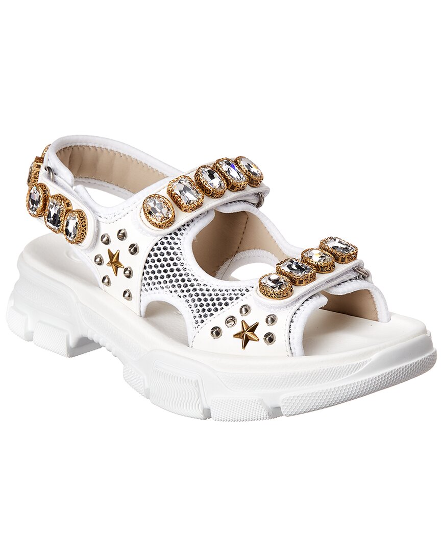 Gucci Embellished Leather & Mesh Sandal In White