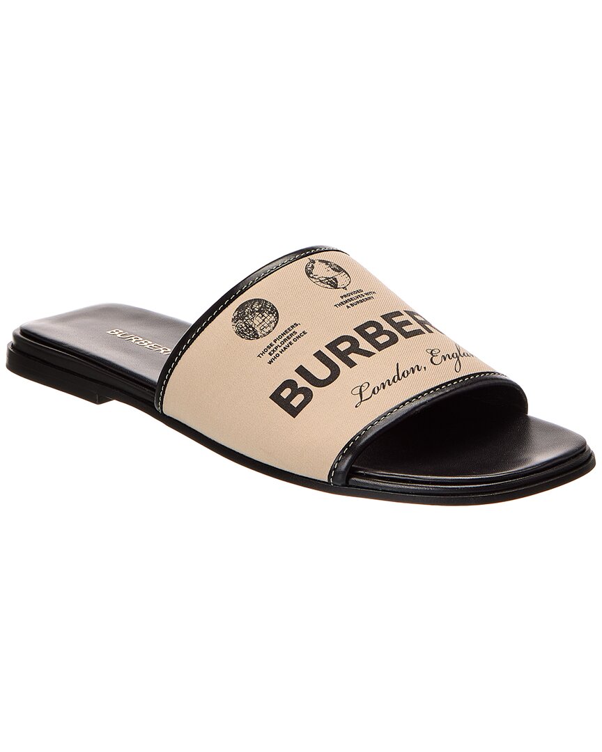 Burberry Label-print Gabardine Leather Slides In Beige