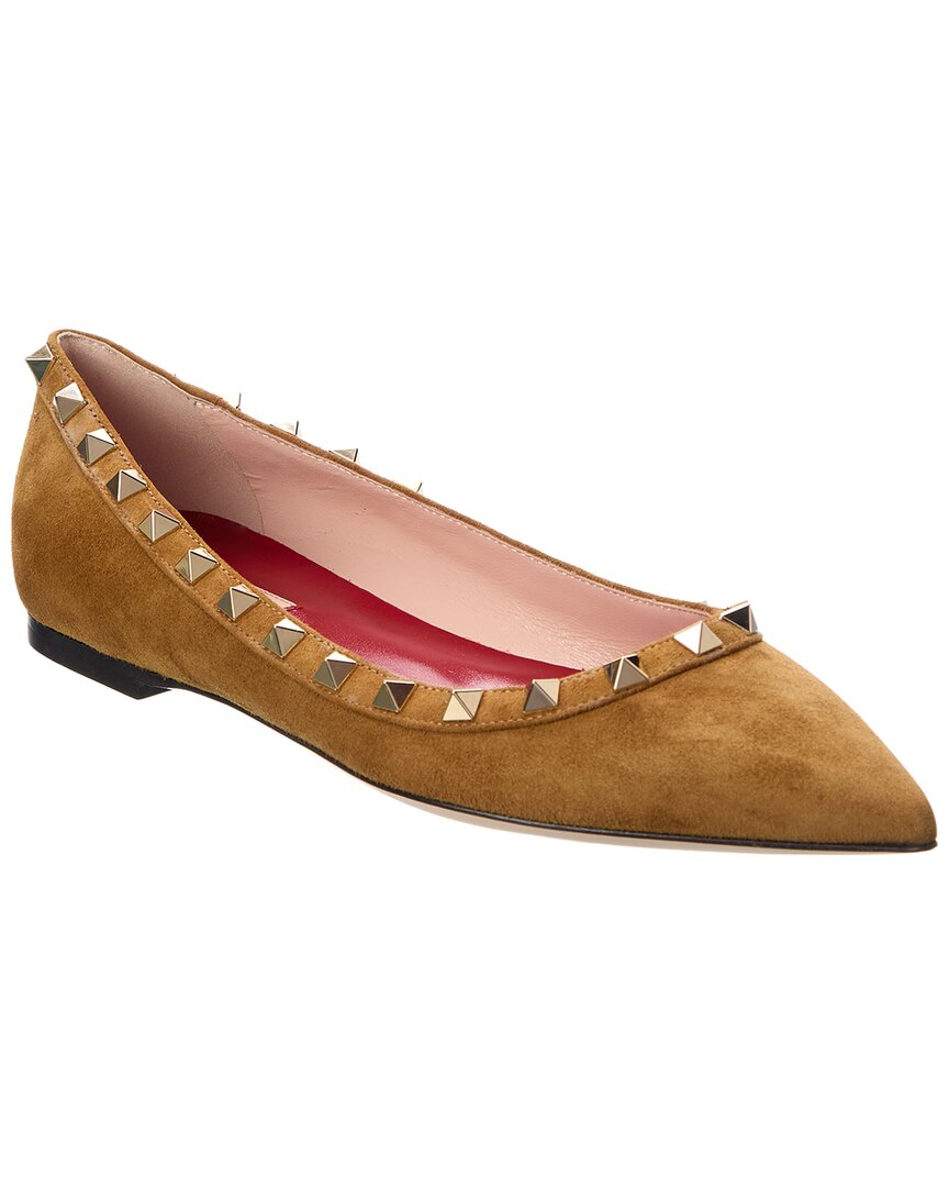 Valentino Brown Rockstud Suede Flat