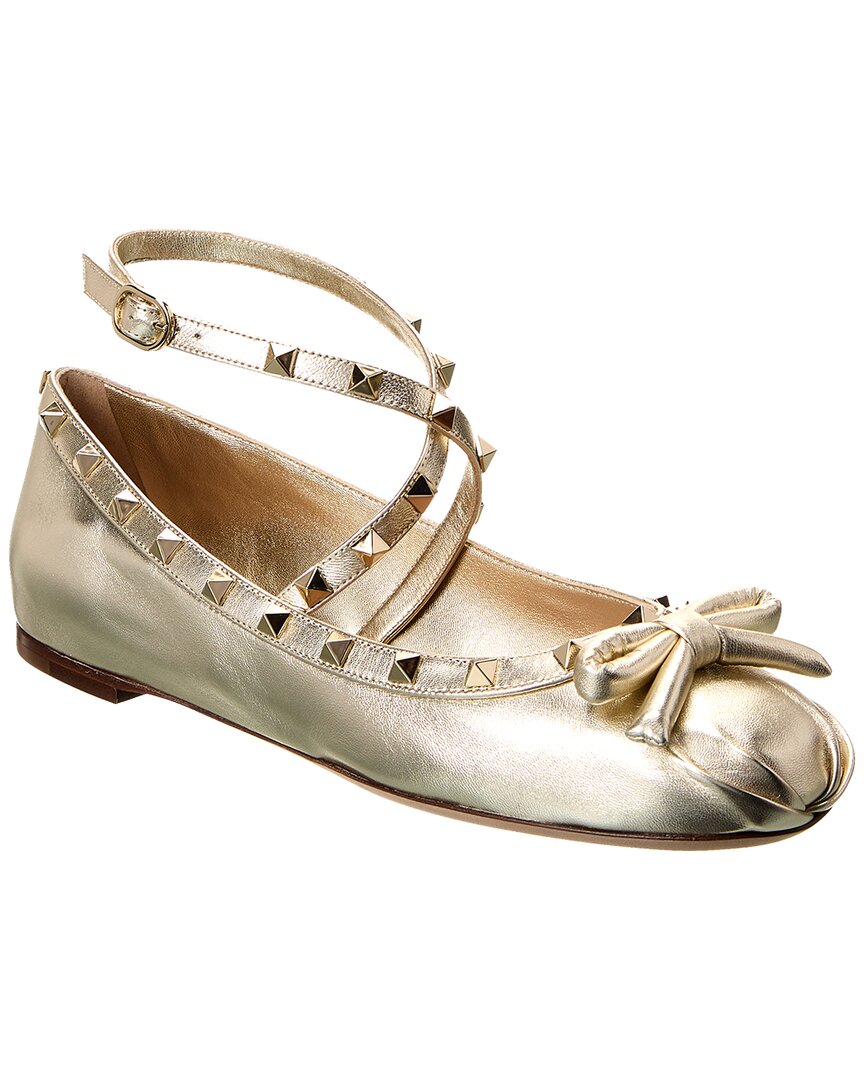 Shop Valentino Rockstud Leather Ankle Strap Ballerina Flat In Gold