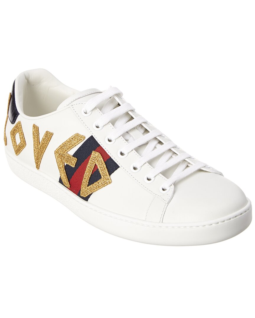 GUCCI GUCCI ACE LOVED EMBROIDERED LEATHER SNEAKER
