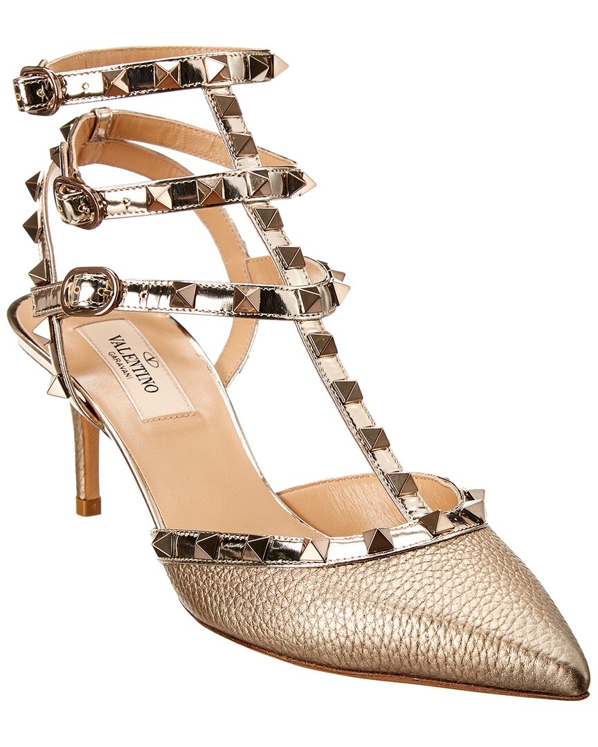 Valentino Garavani Gold-colored Pumps With Rockstuds Strap In Hammered Leather Woman In Gold