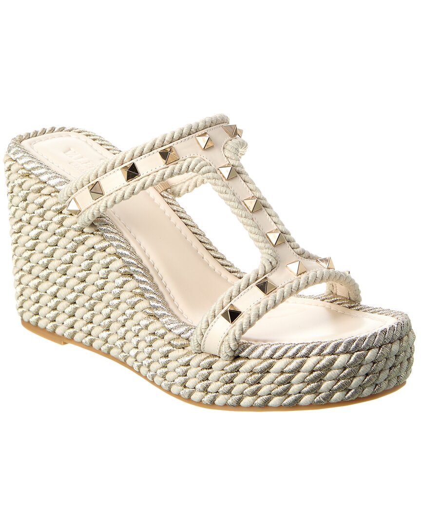 Shop Valentino Rockstud 90 Leather & Rope Wedge Sandal In White