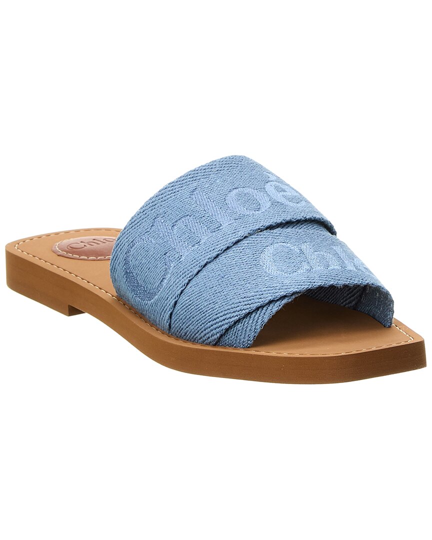 Chloé Woody Canvas Slides With Embroidered Logo In Blue