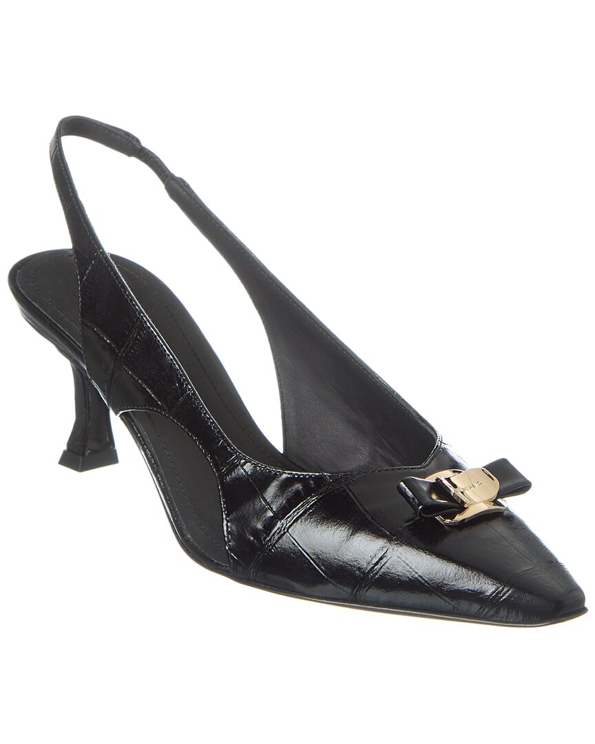 Shop Ferragamo Mini Bow Zarula Croc-embossed Leather Slingback Pump