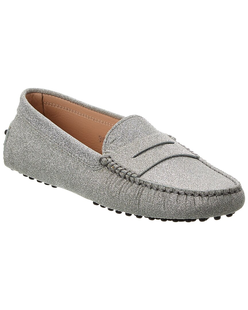 Tod's Gommini Glitter Leather Loafer In Silver