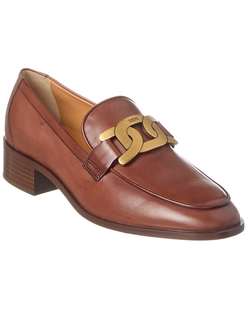 Shop Tod's Logo Chain Detail Leather Loafer In Brown
