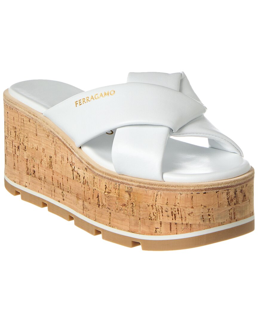 Ferragamo Salvatore  Engracia Leather Wedge Sandal In White