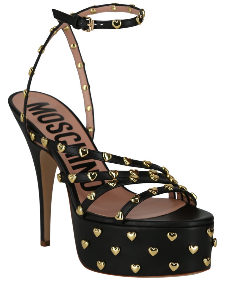 Moschino Heart Studded Platform Heels Woman Sandals Black Size 8 Tanned Leather In Black