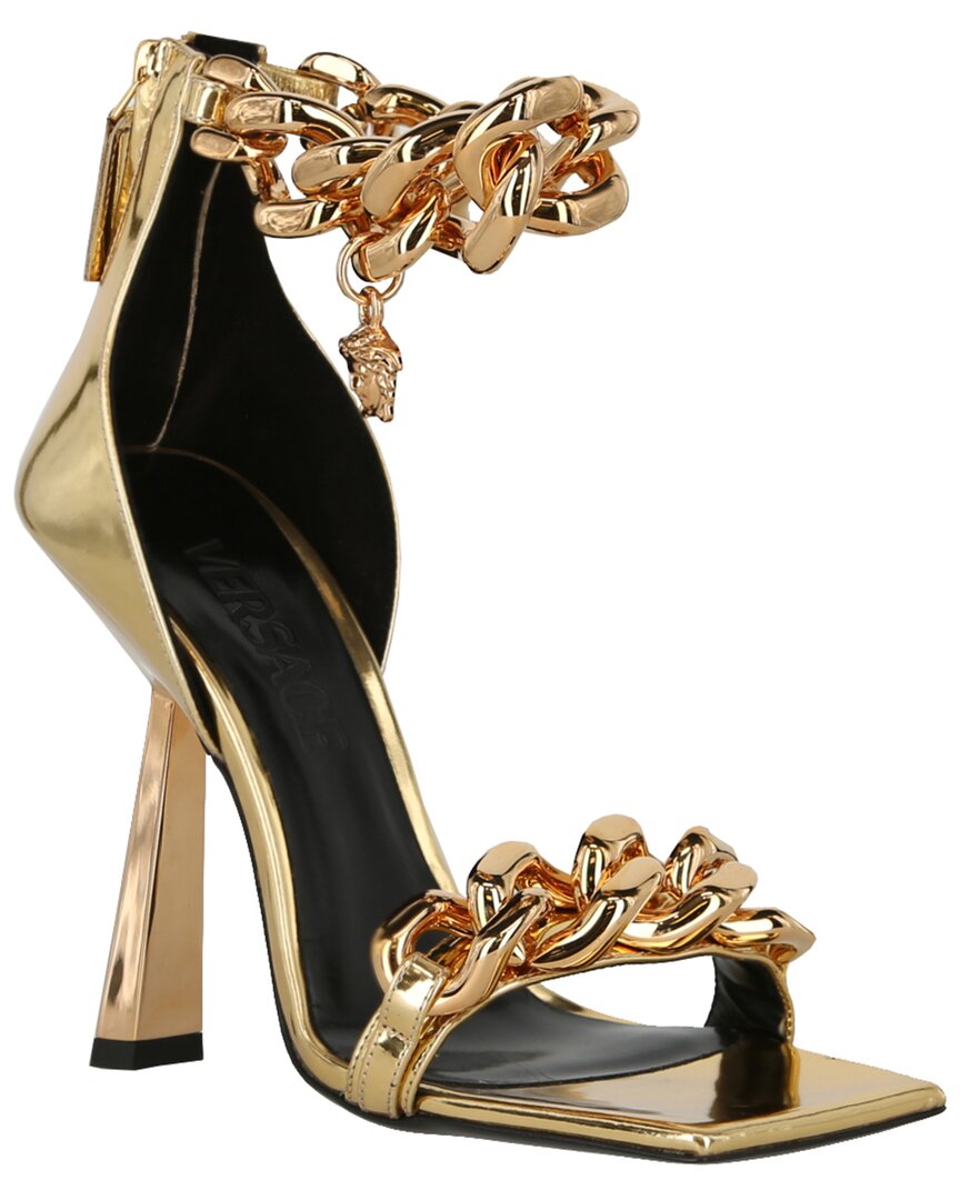 Shop Versace Medusa Metallic Chain Leather Sandal In Gold