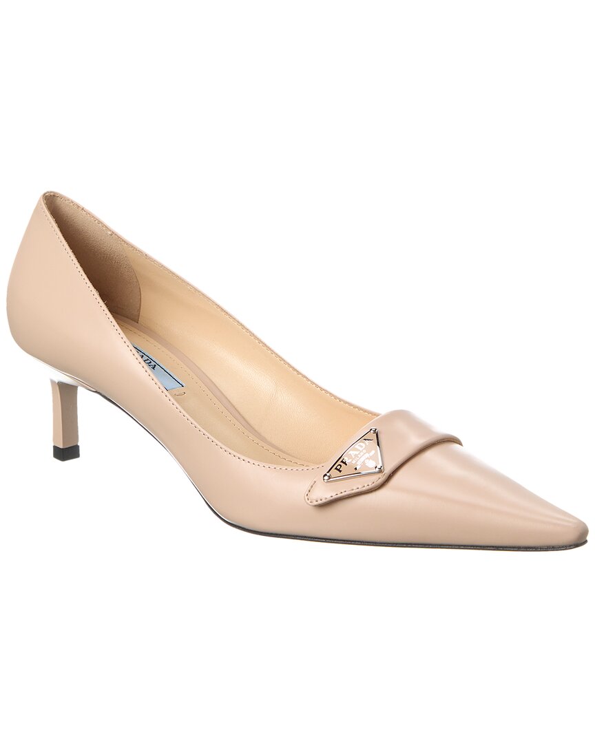 Prada Logo Leather Pointy-toe Pump In Brown