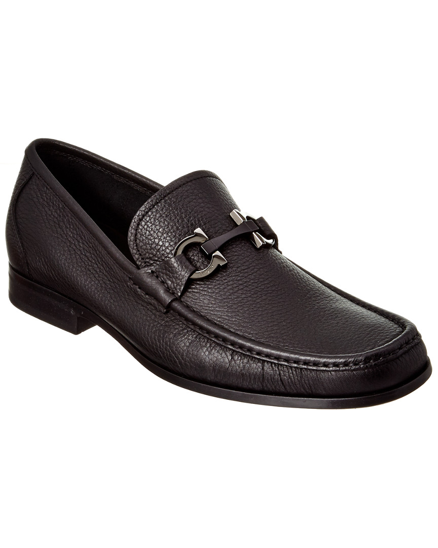 Ferragamo Almond Toe Leather Loafers With Metal Hardware