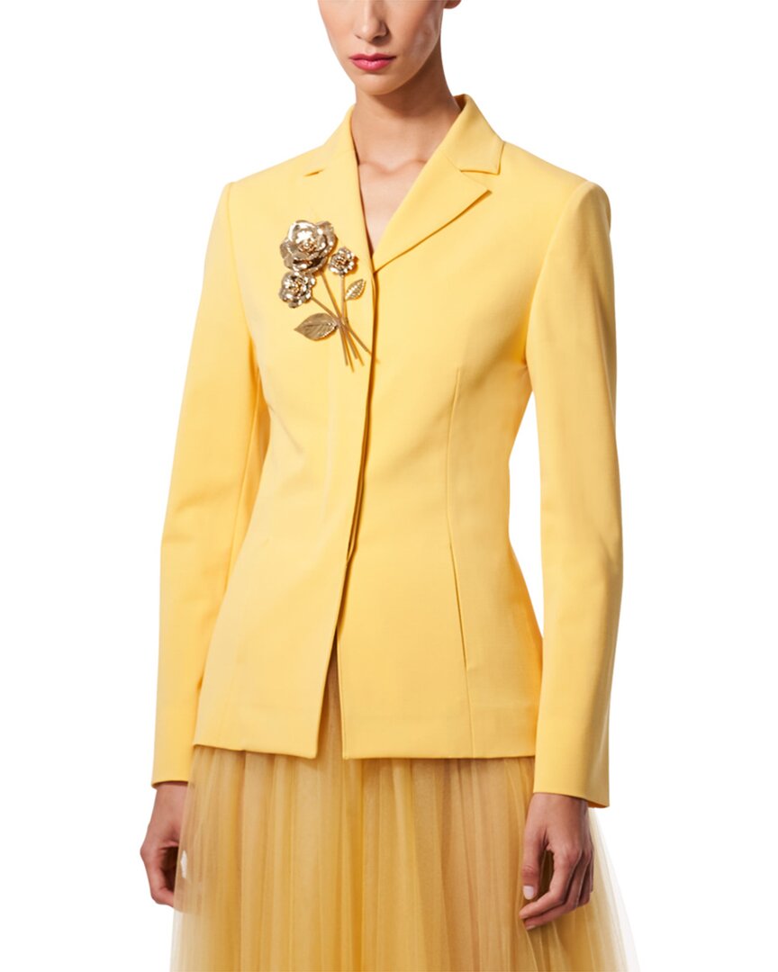 Carolina Herrera Wool Blazer Jacket With Gold-tone Roses In Yellow