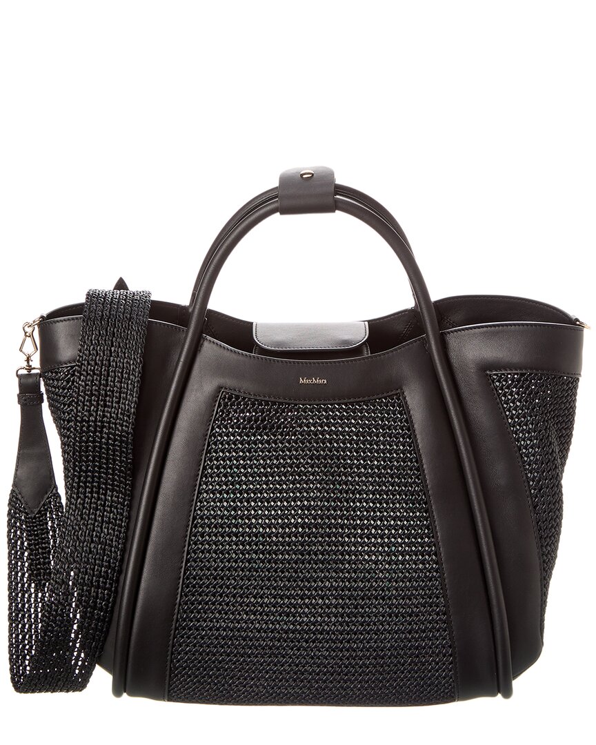 Max Mara Marinmm Straw & Leather Tote In Black