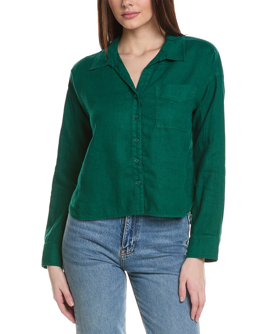 Shop Michael Stars Gracie Crop Button-down Linen Shirt In Green