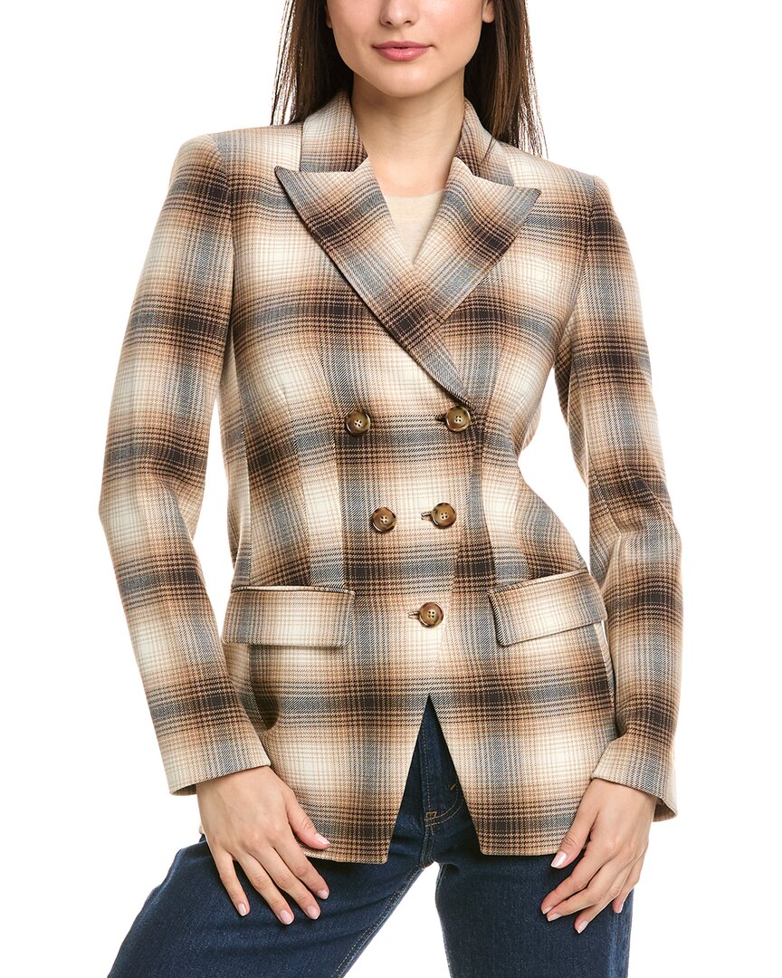 Shop Elie Tahari Double-breasted Ombre Plaid Wool-blend Blazer In Brown