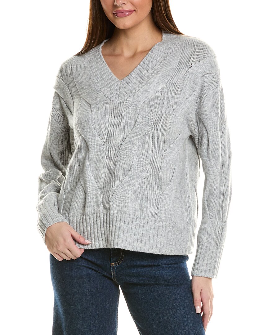 Hannah Rose Wide Cable V-neck Wool & Cashmere-blend Sweater In Grey