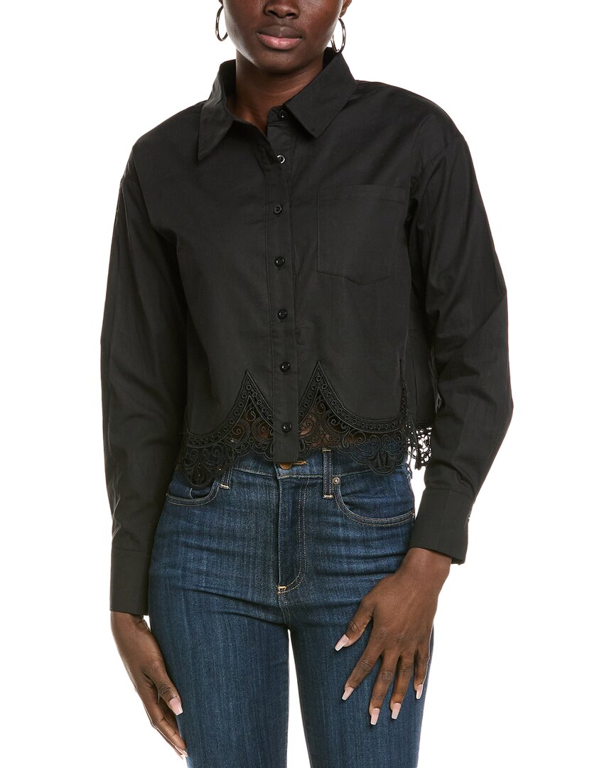 Gracia Lace Hem Button-down Shirt In Black
