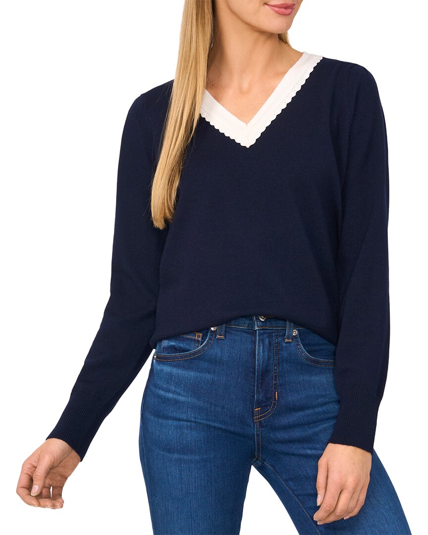 CECE CECE DEEP V CONTRAST TRIM SWEATER