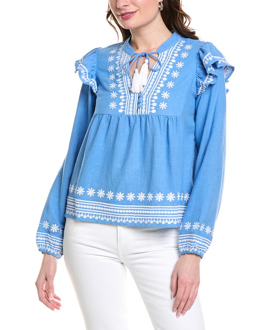 Sail To Sable Balloon Sleeve Linen-blend Blouse In Blue