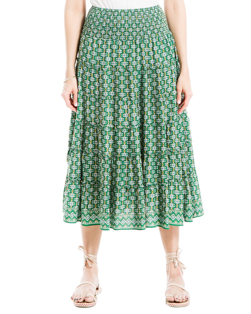 Max Studio Printed Midi Smocked Waist Tiered Skirt In Green
