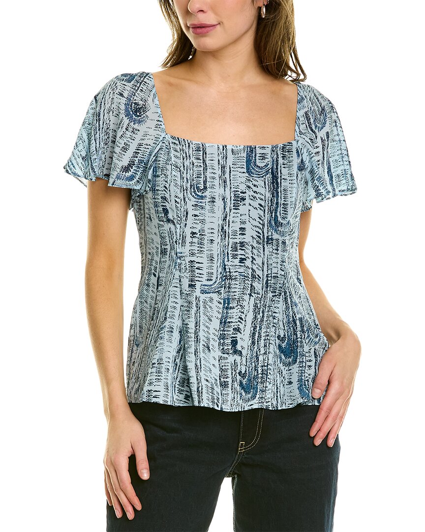 Theory Short-sleeve Godet Printed Silk Top In Blue