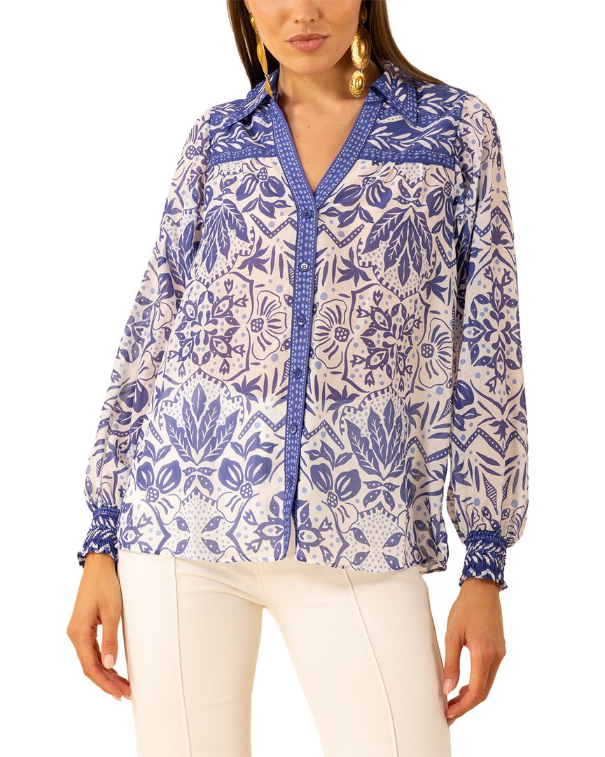 Hale Bob Marceline Long Sleeve Silk-blend Top In Blue