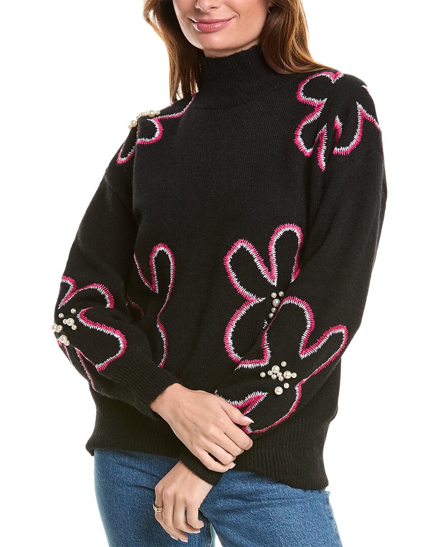 Gracia Flower Embroidered Mock Neck Sweater In Black