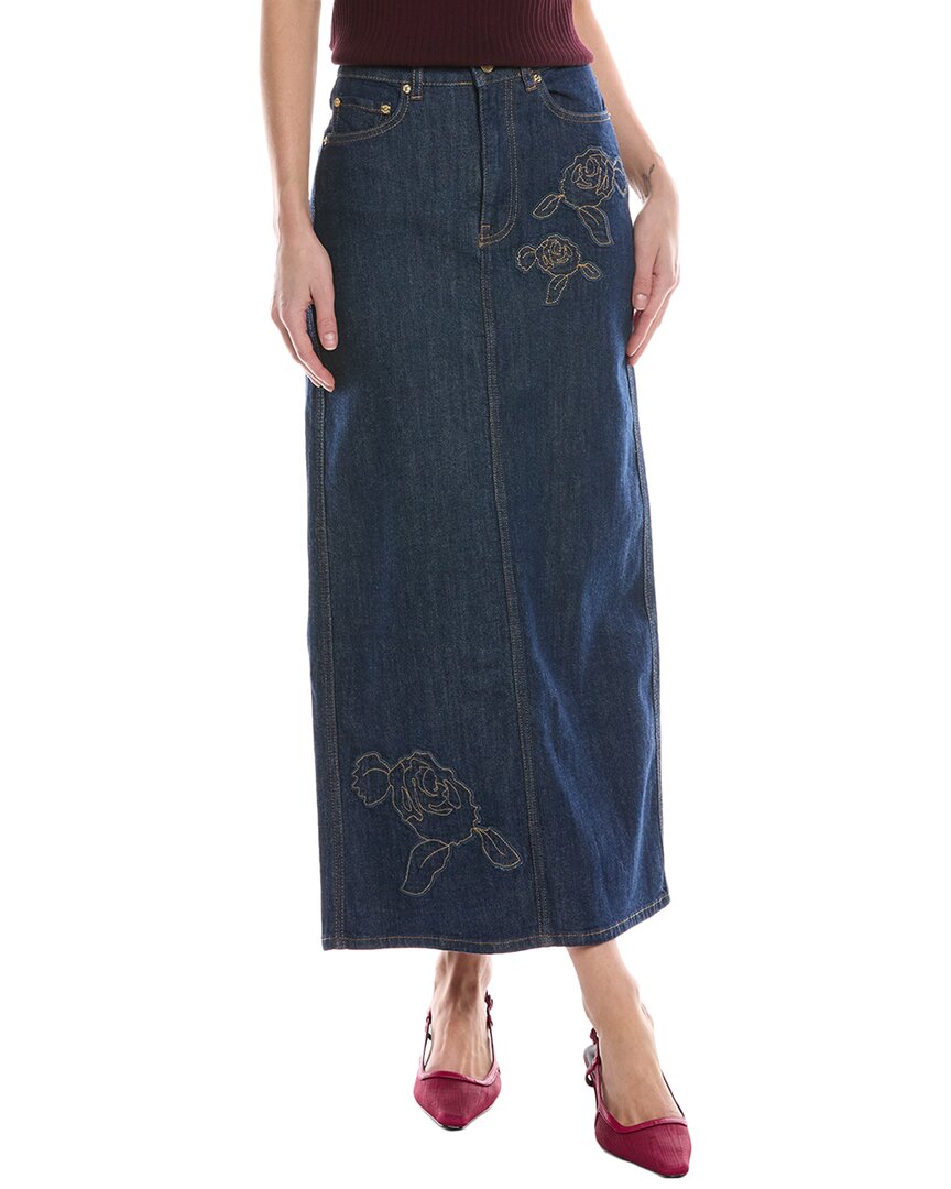 Ganni Gonna Maxi In Denim Con Ricamo Rosa In Blue