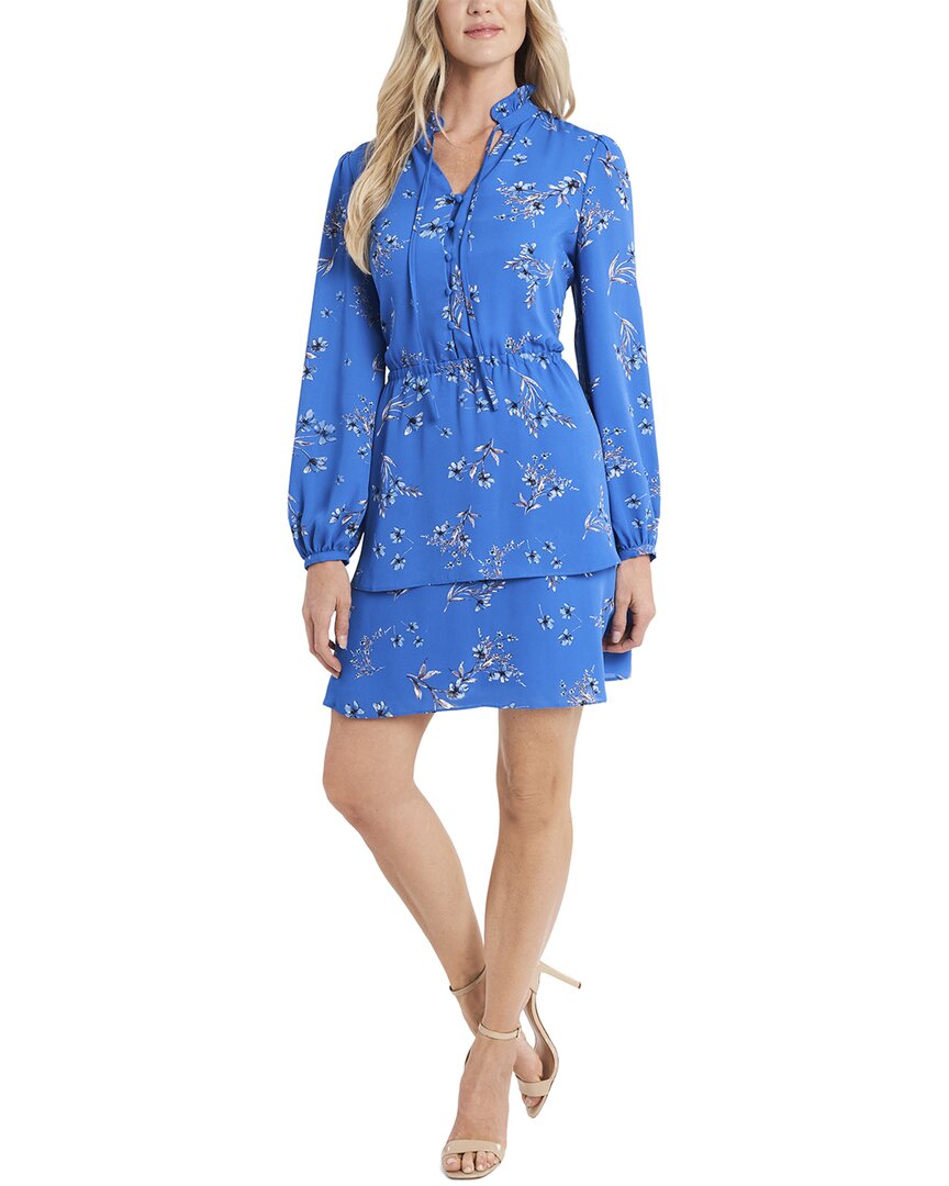 Cece Long Sleeve Ruffled Printed Floral Dress In Blue