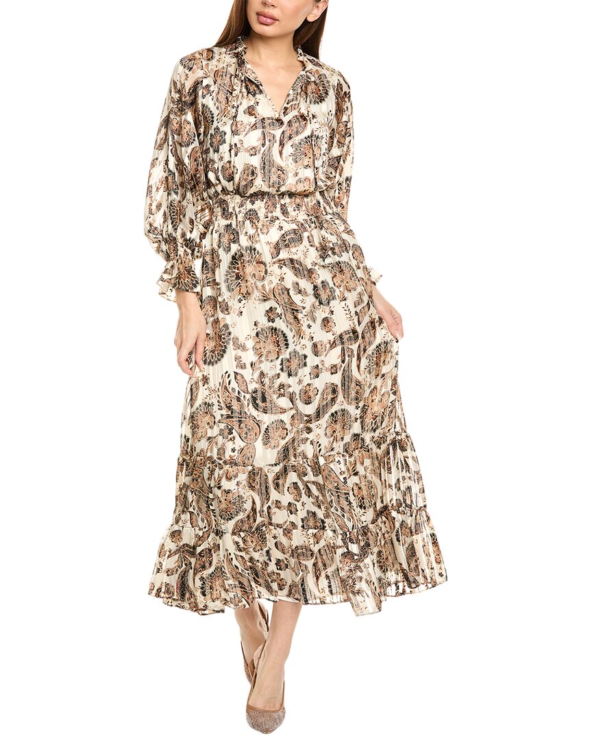 Vince Camuto Long Slv Maxi Dress W Smocked Waist A In Brown