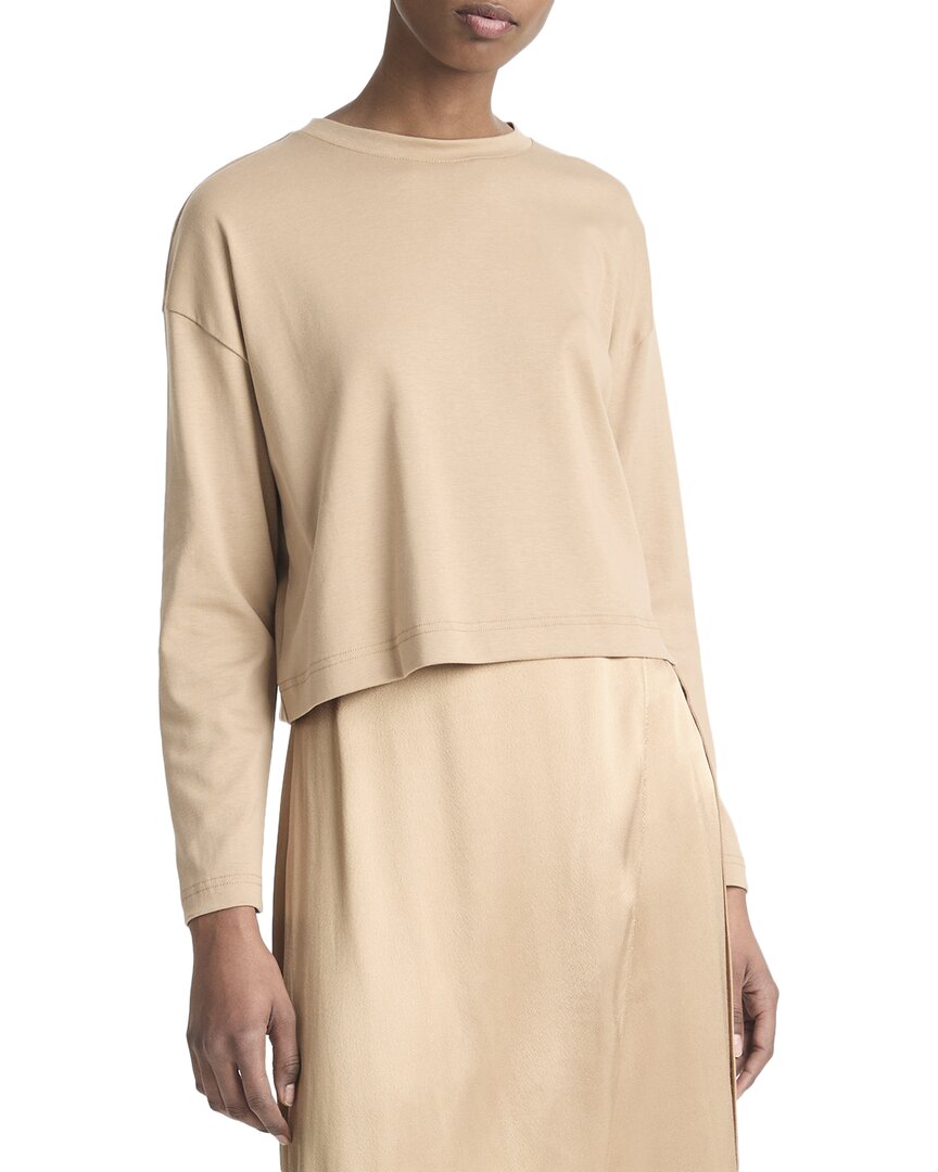 Vince Long Sleeve Cotton Crop T-shirt In Brown