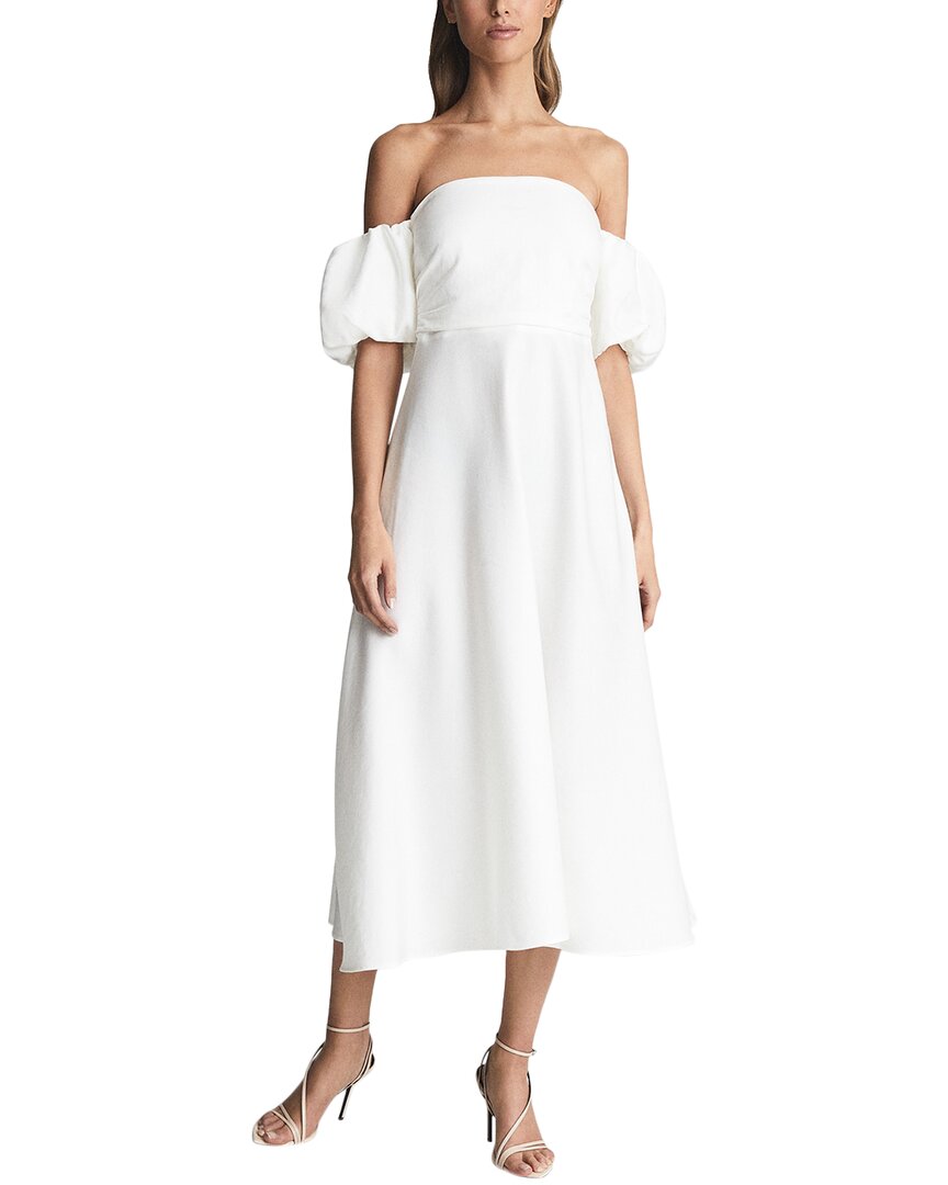 Reiss Shona Puff Sleeve Off-shoulder Linen-blend Midi Dress In White