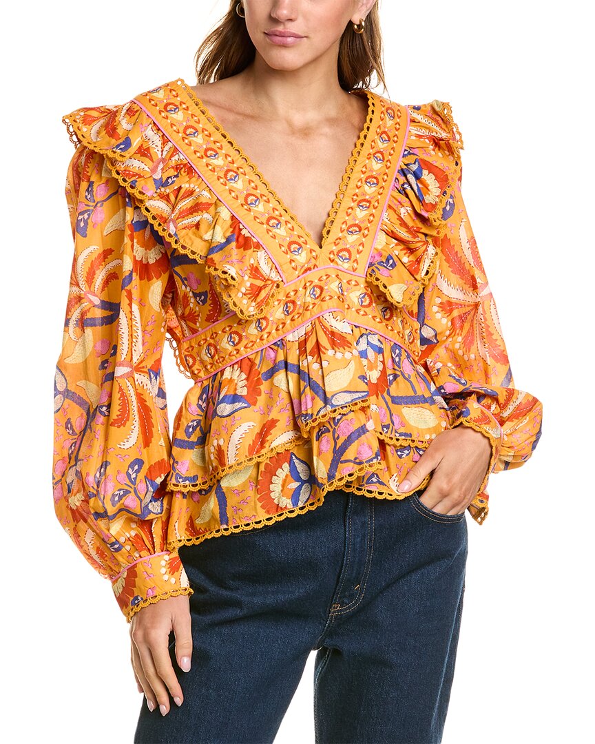 Farm Rio Yellow Palms Party Ruffle Blouse In Yellow