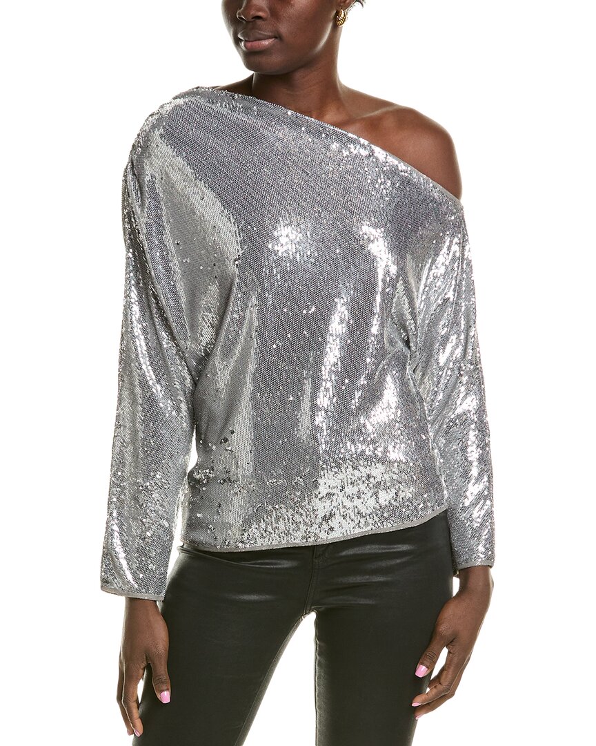 Milly Draped One Shoulder Sequins Long Sleeve Top In Silver