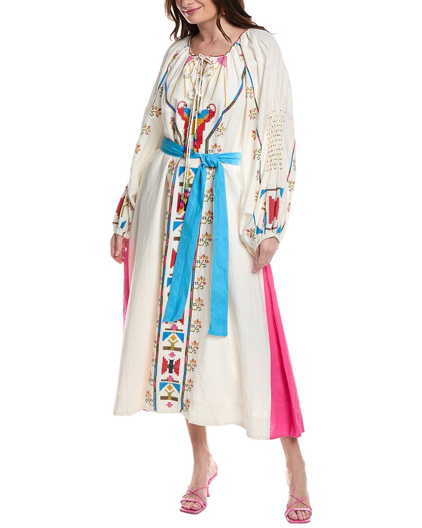 Farm Rio Embroidered Linen-blend Caftan Dress In White