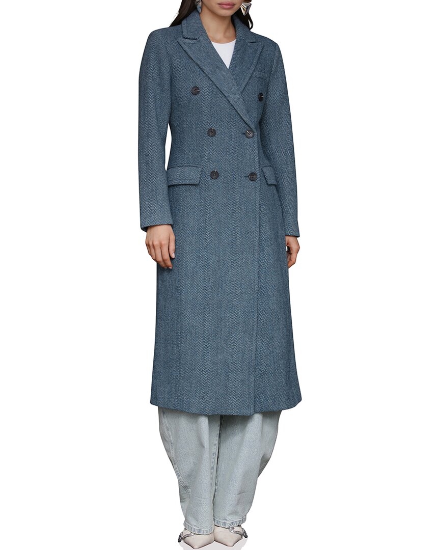Avec Les Filles Strong Shoulder Double Breasted Herringbone Coat In Blue