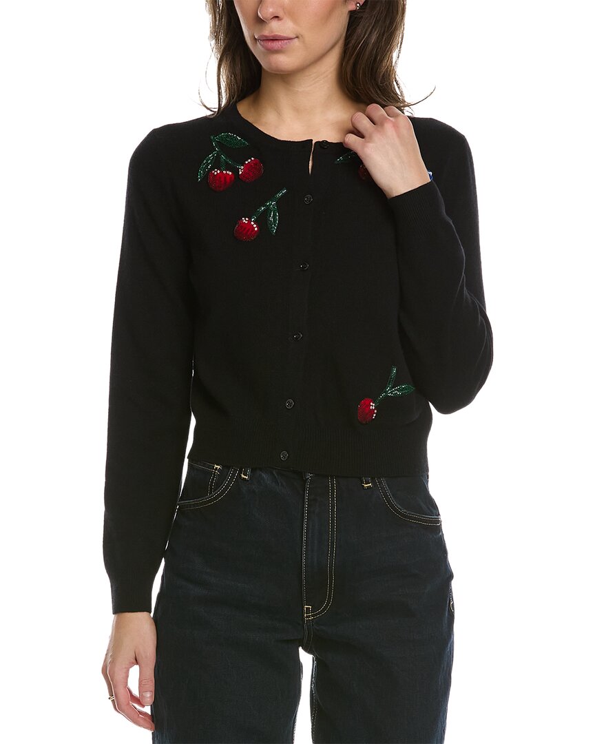 Shop Carolina Herrera Cherry Applique Wool & Cashmere-blend Cardigan In Black