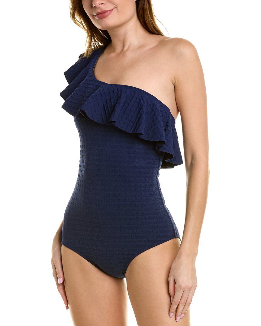 Shop Shoshanna One-shoulder Ruffle One-piece In Blue