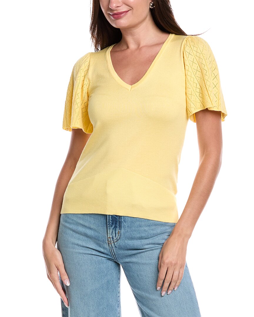 T Tahari Pointelle V-neck Top In Yellow