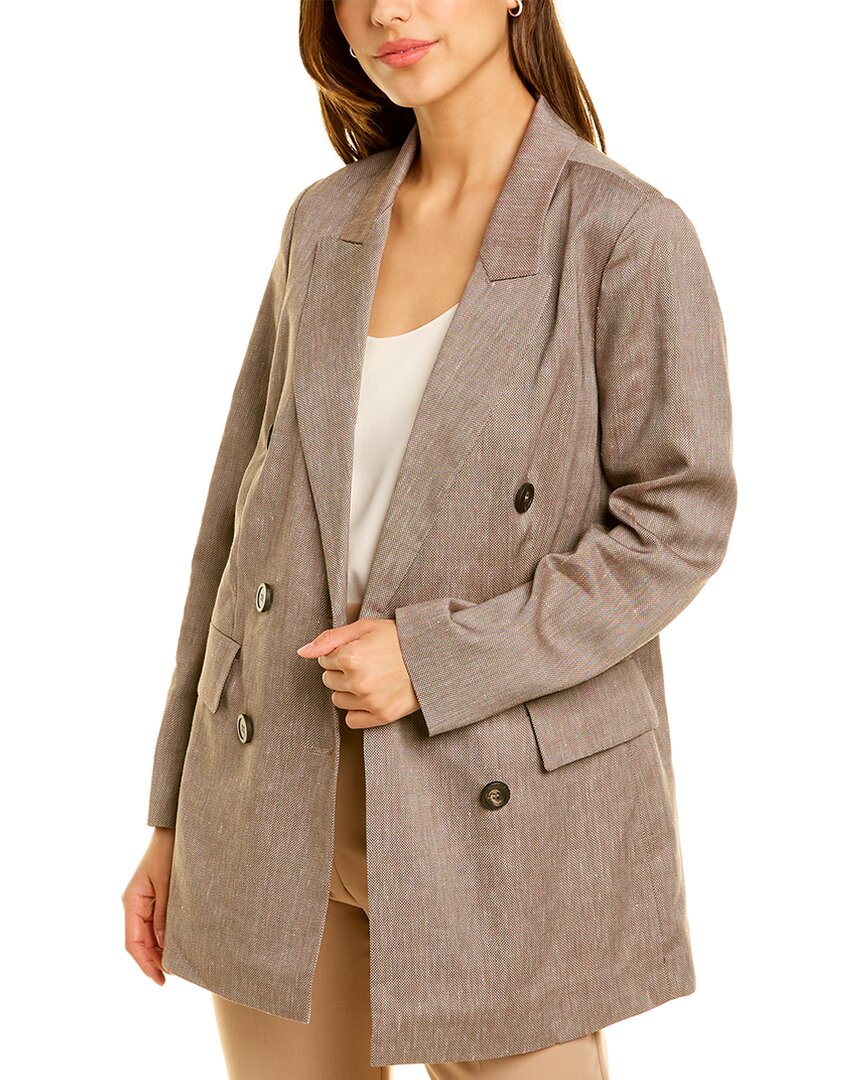 Shop Peserico Double-breasted Wool & Linen-blend Jacket In Brown