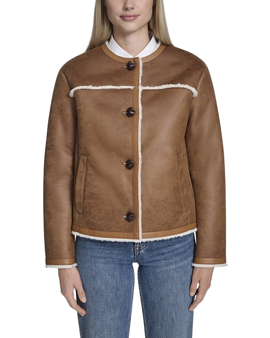 Cole Haan Waxed Suede Shearling Collarless Jacket In Brown