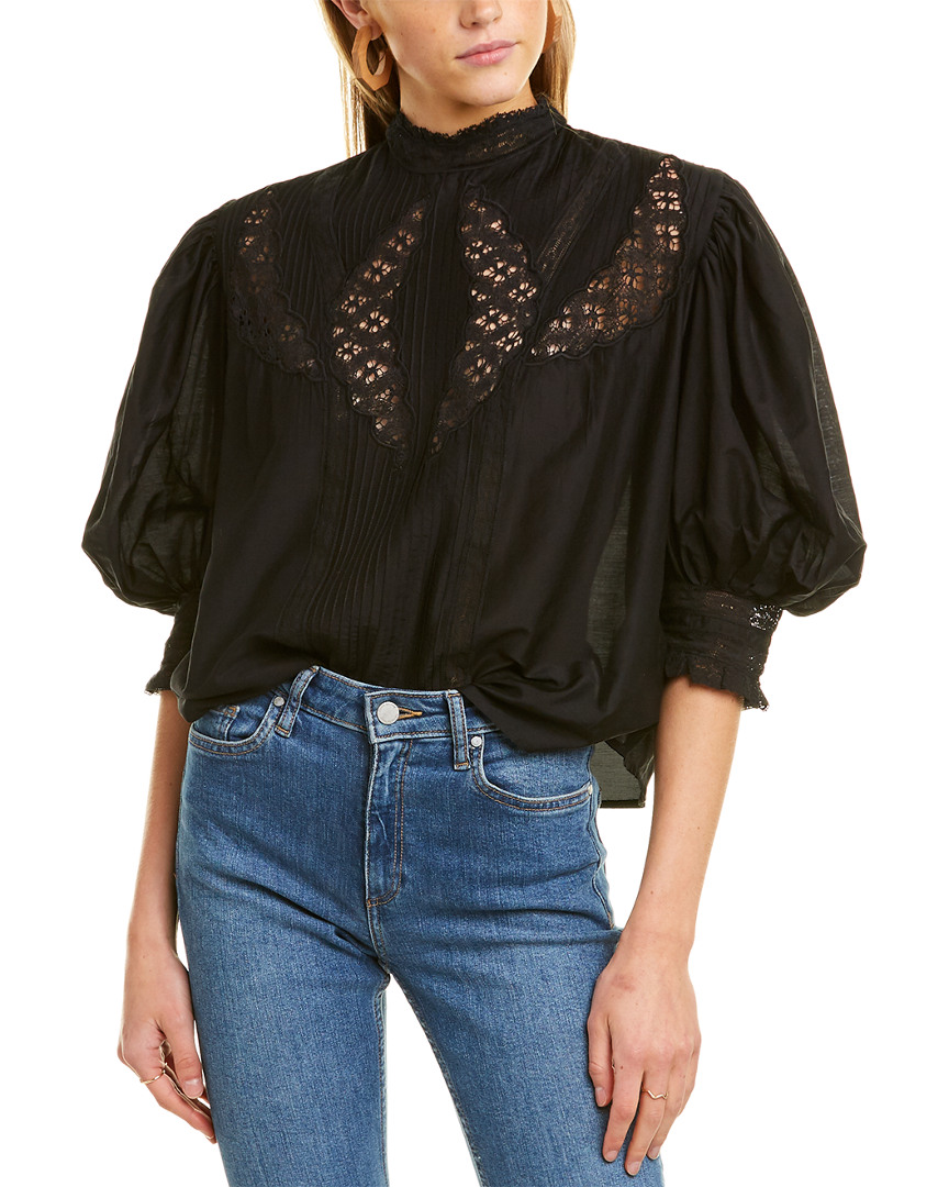 Image of Farm Rio High Neck Lace Silk-Blend Blouse
