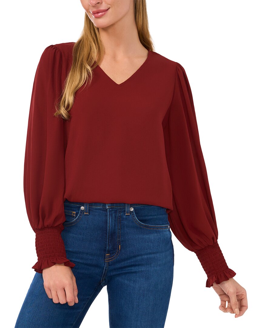 Shop Cece Long Sleeve V-neck Blouse With Smocking Cuff In Red