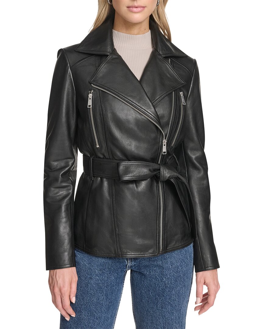 Andrew Marc Leather Belted Moto Jacket In Black