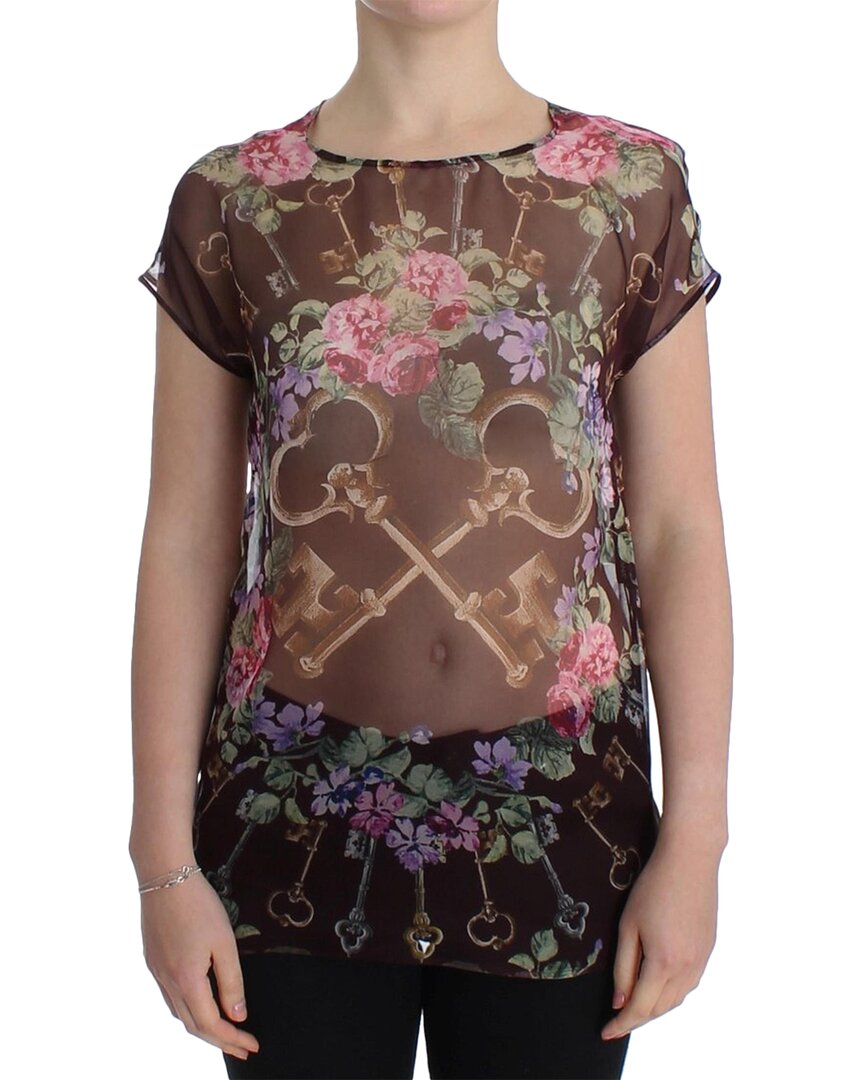Shop Dolce & Gabbana Black Key Floral Print Silk Blouse