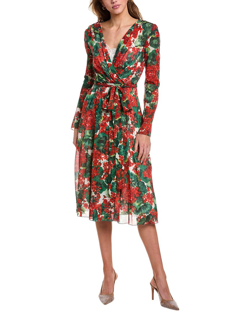 Dolce & Gabbana Multicolor Floral Long Sleeves V-neck Dress In Red
