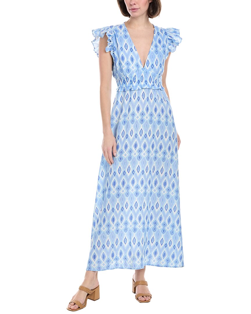 Sail To Sable V-neck Flutter Sleeve Linen-blend Maxi Dress In Blue
