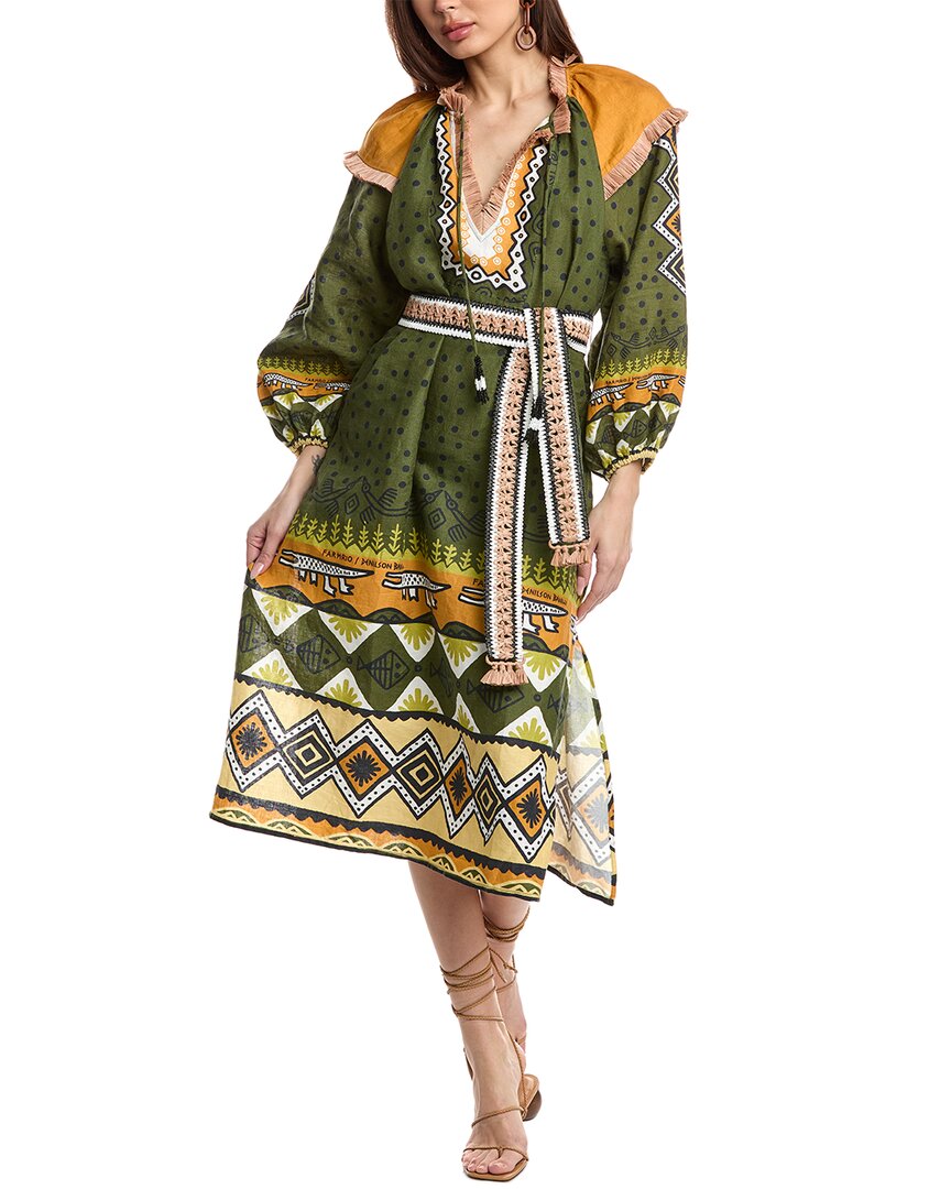 Farm Rio Creation Linen Midi Dress In Green