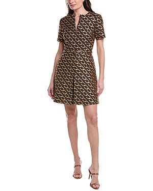 Oscar de la Renta Split Neck Logo Chain Jacquard Silk-Lined Silk-Blend A-Line
Dress